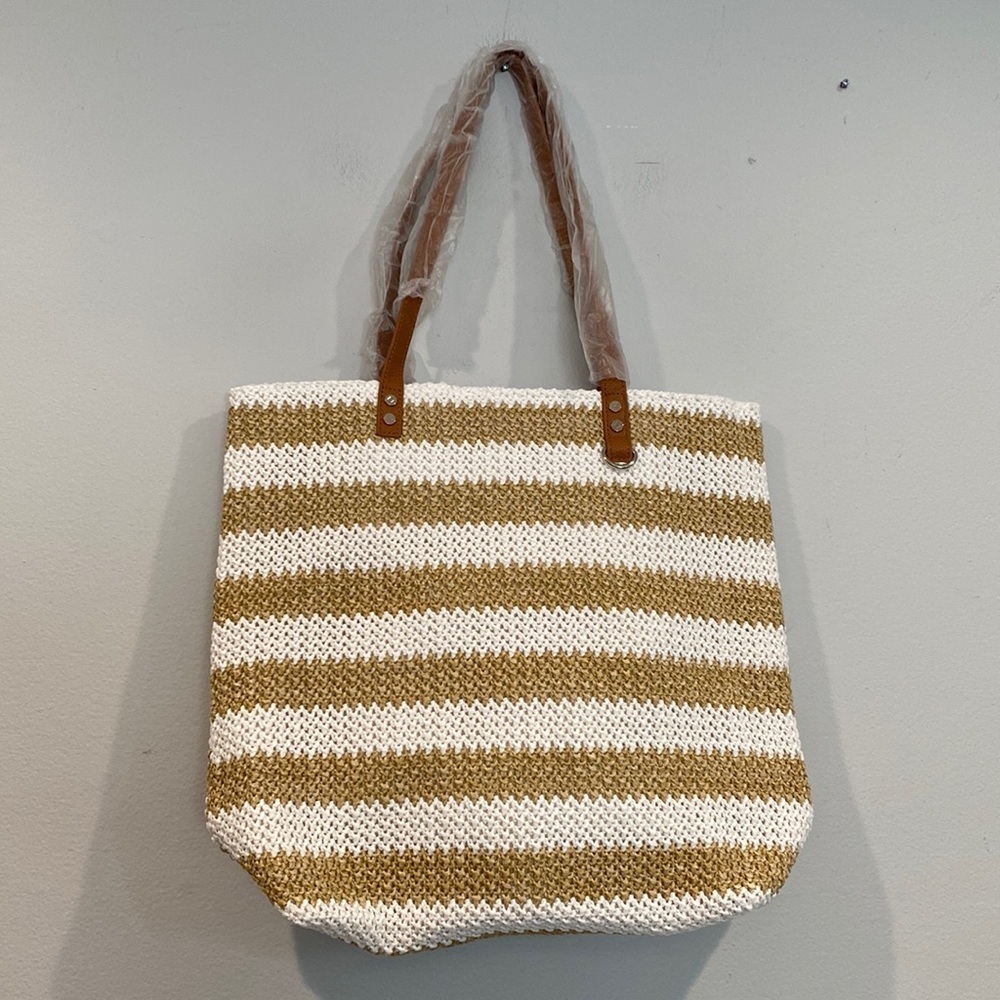 Tan and White Striped Beach Bag with Wallet Insert